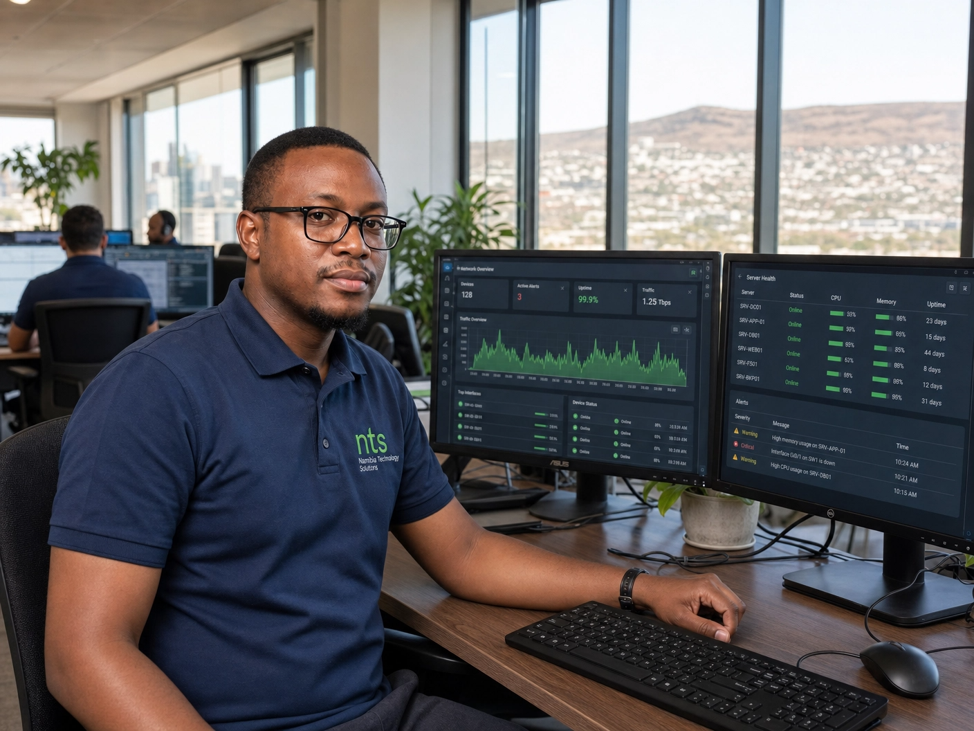 Namtech IT engineer monitoring infrastructure dashboards from the Windhoek operations centre